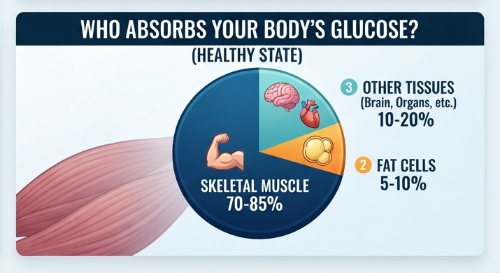 glucose is absorbed primarily by skeletal muscle, then other tissues, then fat cells